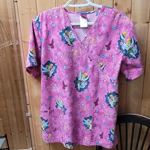 Disney Tinker Bell Pink Scrub Top Size M - Picture 1 of 3